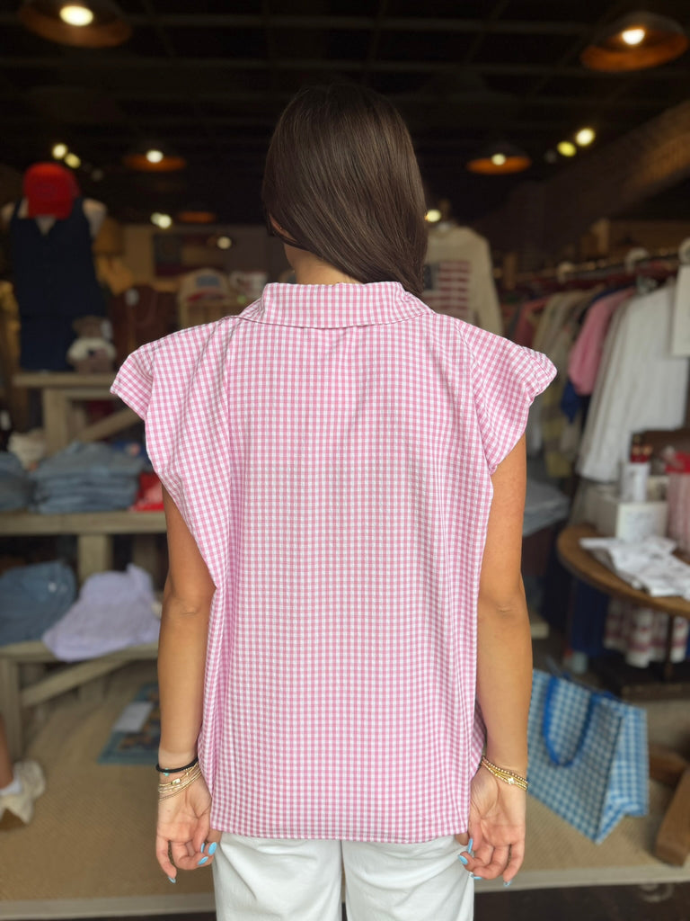 Pink Check Poplin Bubble Sleeve Top