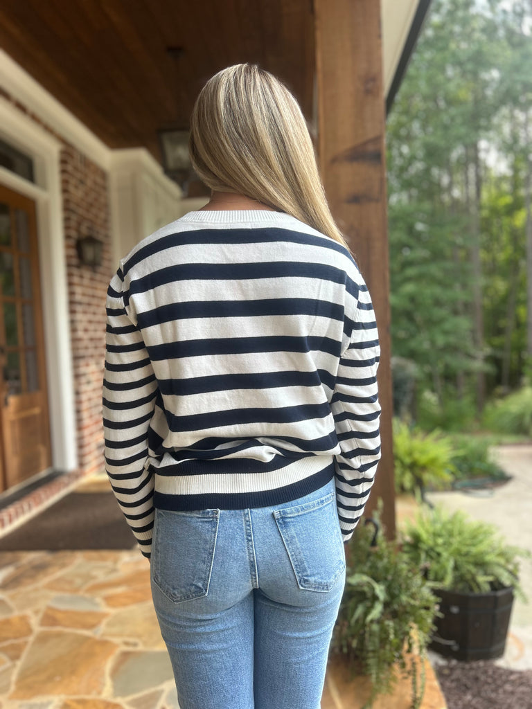 Women's Cotton/Cashmere Crewneck Sweater Classic Navy Stripe