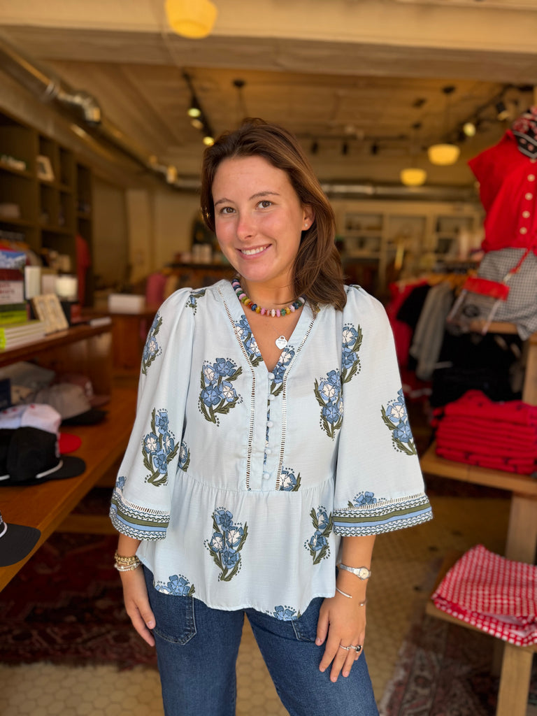 FINAL SALE - Monroe Fable Floral Blue Top