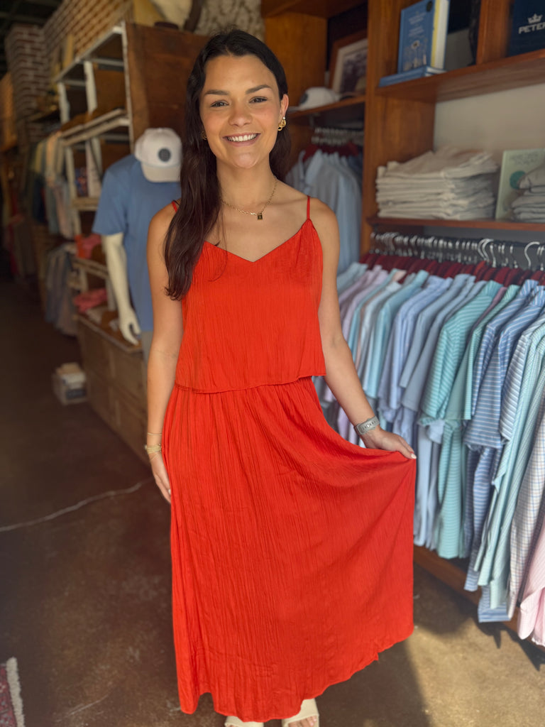 FINAL SALE - Cabana Red Nicoline Crinkle Midi Skirt