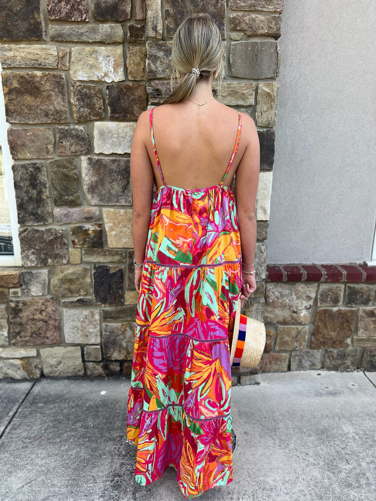 Multi Tropical Halter Tier Maxi Dress