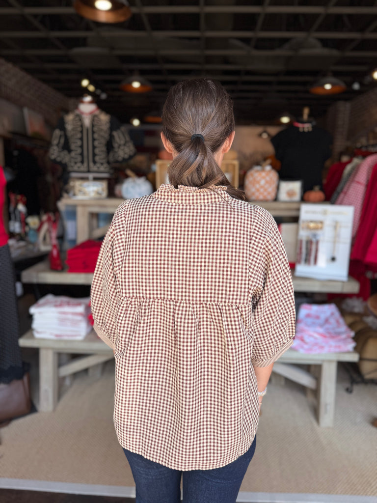 Plaid Mock Neck Blouse Chocolate/Taupe
