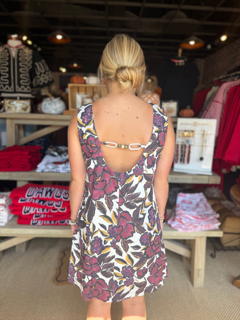 Floral Print Open Back Chain Aceent Mini Dress