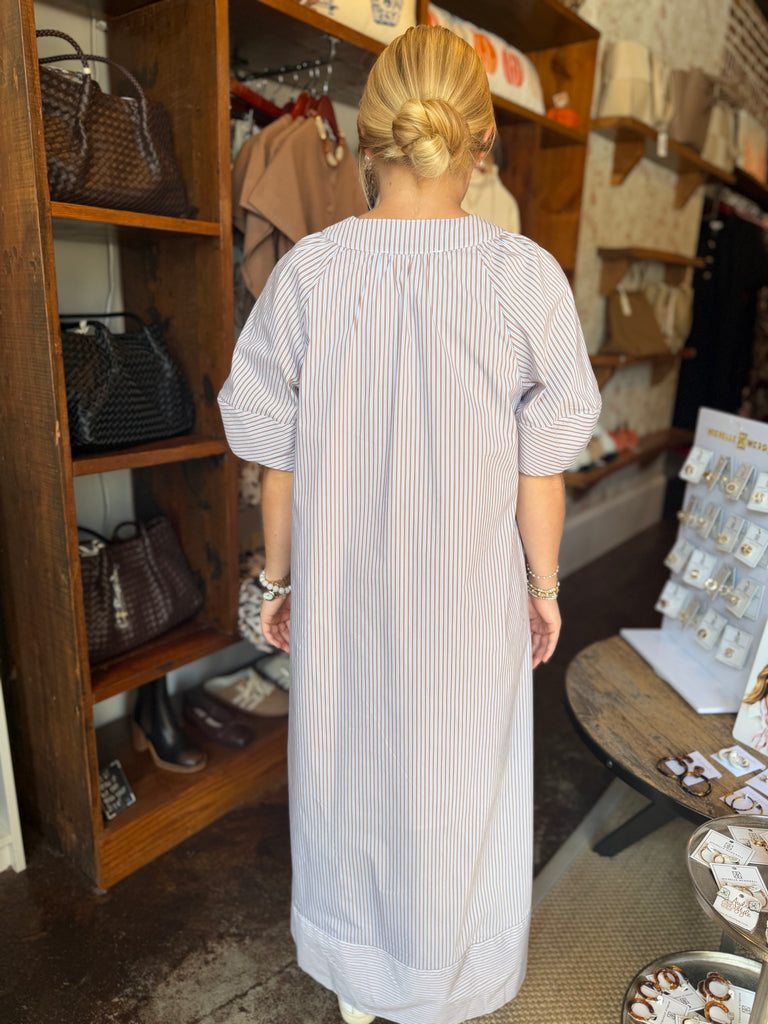 Brown Stripe Poplin V-Neck Signature Maxi Dress