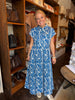 Blue Floral Print Partial Button Front Midi Dress