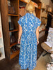 Blue Floral Print Partial Button Front Midi Dress