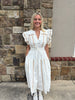 Off White Lace Trim Flutter Sleeve Poplin Midi Dress