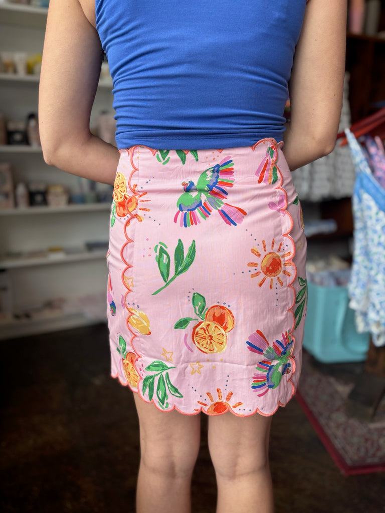 FINAL SALE - Pink Toucan Fruit Scallop Skirt