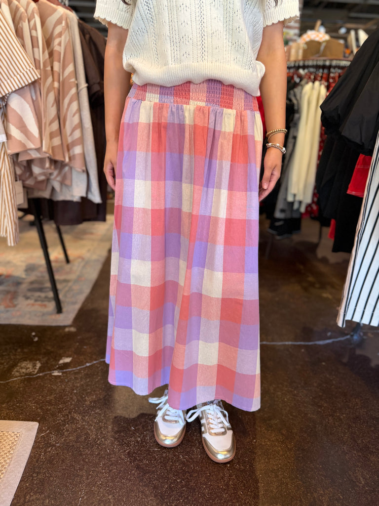 Smocked Waist Plaid Tiered Midi Skirt