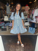 Blue Floral Stripe Puff Sleeve Mini Dress