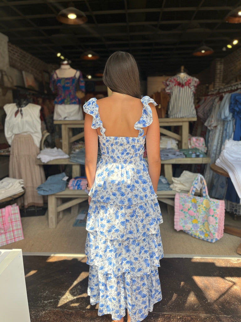 Covina Tiered Midi Dress Patty Floral Blue & White