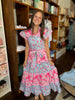 Pink Floral Print Scalloped Tiered Midi Dress