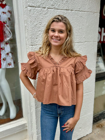 Geometric Print Short Puff Sleeve Top