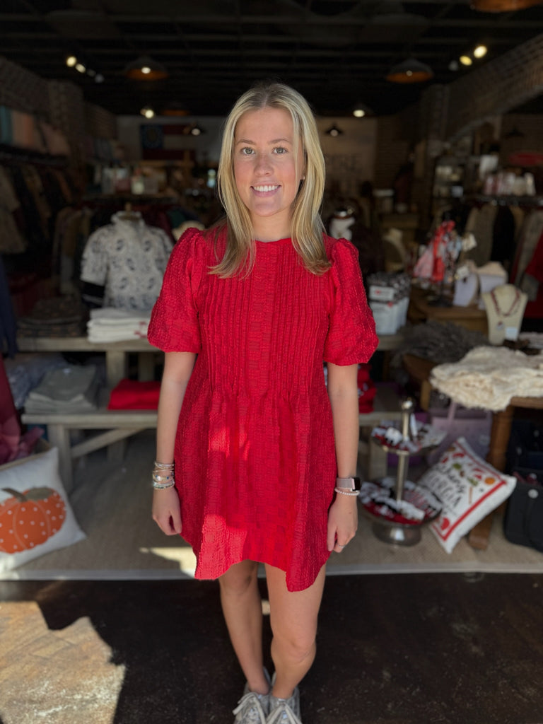 Pintuck Check Textured Puff Sleeve Mini Dress