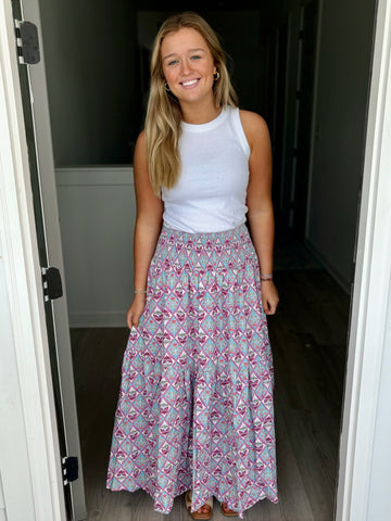 Periwinkle Floral Vine Smock Waist Tier Maxi Skirt