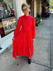 Red Solid Poplin Smock Tier Maxi Dress