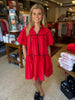 Red Solid Contrast Embroidered V-Neck Tier Dress