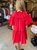 Red Solid Contrast Embroidered V-Neck Tier Dress