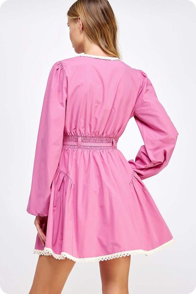 Rose Pink Lace Trim Poplin Mini Dress