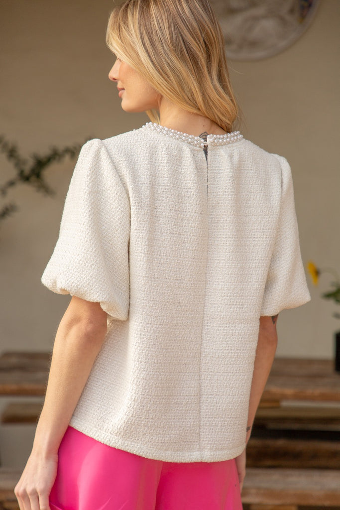 Cream Pearl Trim Bubble Sleeve Top
